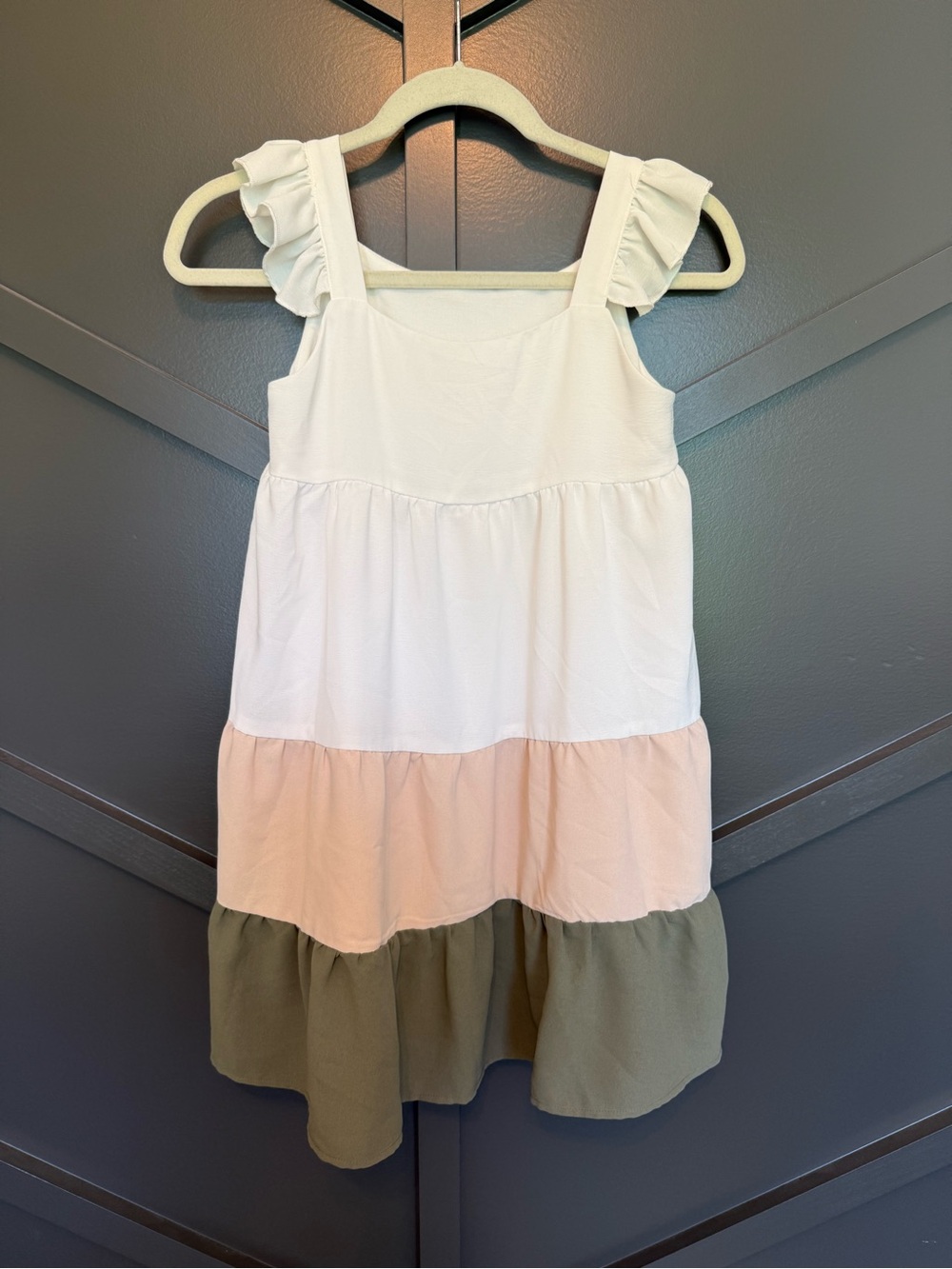 Girls' Colorblock Ruffle Strap Dress - White, Blush & Olive NWT